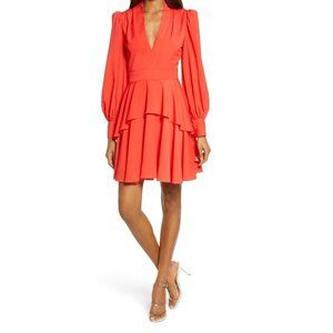 One33 Womens Size 10 Orange Social Plunge Neck Long Sleeve  Tiered Dress NEW
